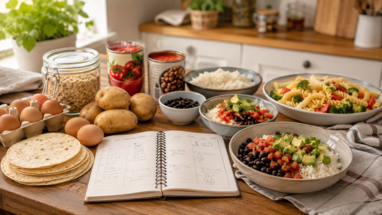 Budget meal planning for beginners with rice bowls, pasta, eggs, potatoes, tortillas, oats, and pantry staples.
