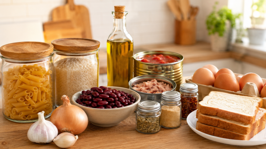 Budget pantry ingredients on a kitchen counter with pasta, rice, beans, canned tuna, canned tomatoes, bread, eggs, onions, garlic, and olive oil.