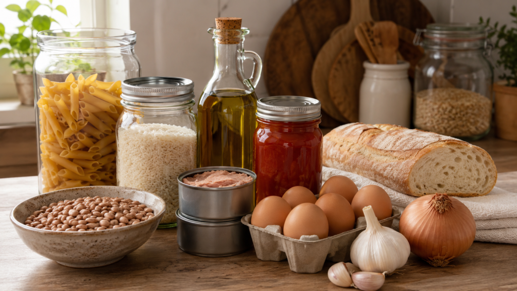Budget pantry ingredients on a kitchen counter with pasta, rice, beans, canned tuna, canned tomatoes, bread, eggs, onions, garlic, and olive oil.
