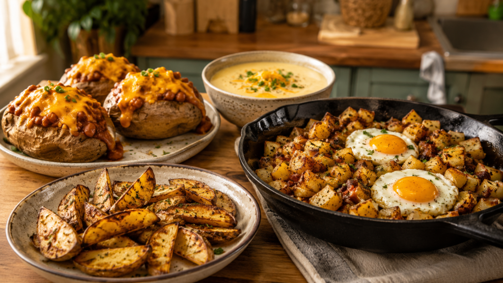 Cheap potato dinners with loaded potatoes, potato soup, and crispy skillet potatoes