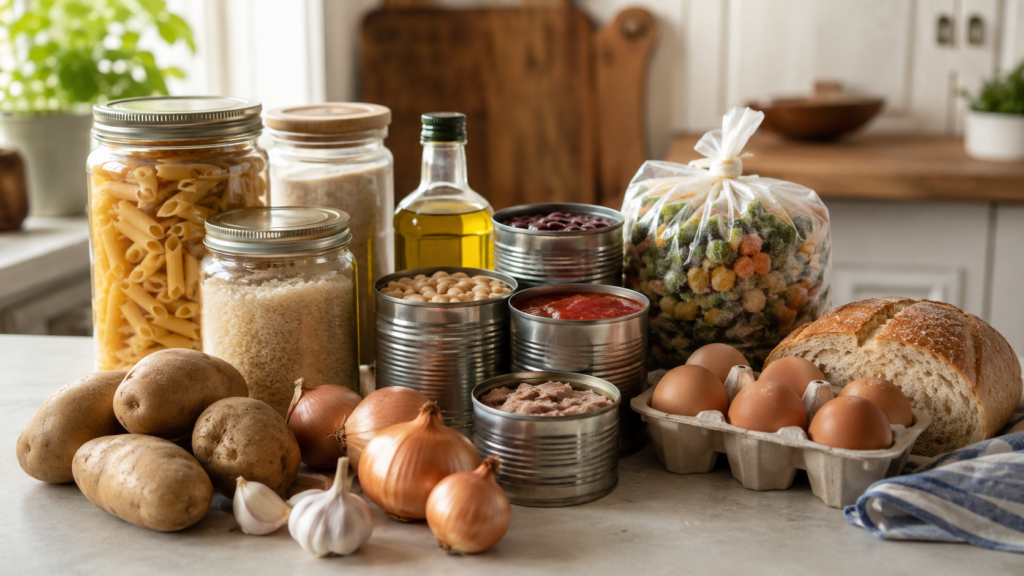 Budget pantry ingredients on a kitchen counter with pasta, rice, beans, canned tuna, canned tomatoes, bread, eggs, onions, garlic, and olive oil.