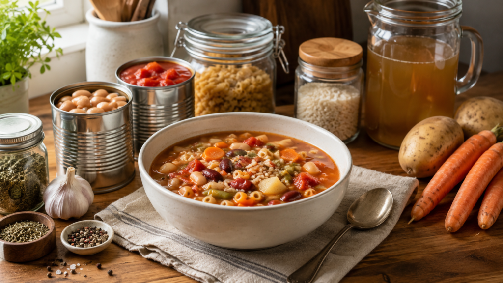 Simple pantry soup made with canned beans, pasta, rice, tomatoes, and vegetables