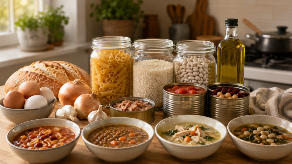 Budget pantry ingredients on a kitchen counter with pasta, rice, beans, canned tuna, canned tomatoes, bread, eggs, onions, garlic, and olive oil.