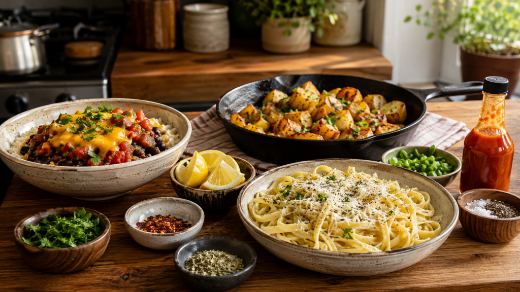 Cheap meals upgraded with seasonings, sauces, crispy potatoes, rice and beans, and butter noodles