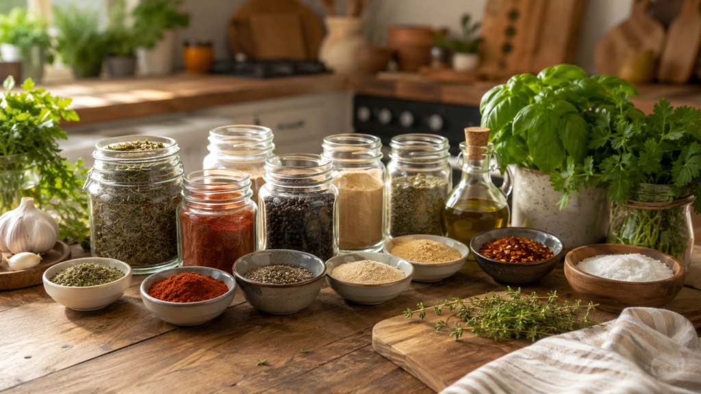 Fresh herbs, dried spices, lemon, garlic, olive oil, paprika, pepper, rosemary, parsley, basil, and thyme on a bright kitchen counter.