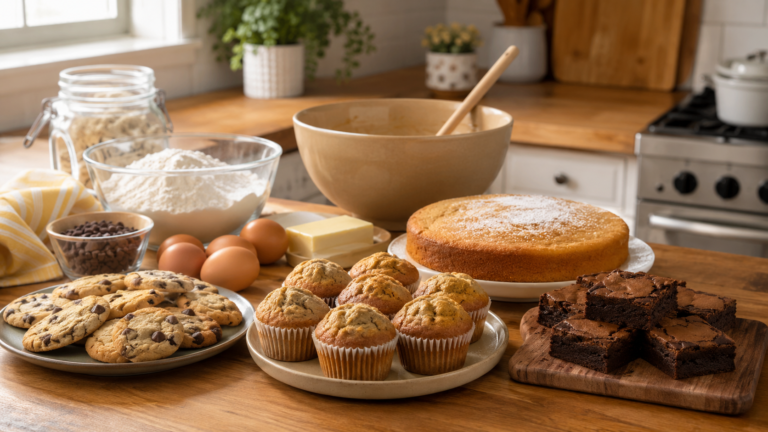 Beginner baking recipes with cookies, muffins, brownies, cake, and basic baking ingredients
