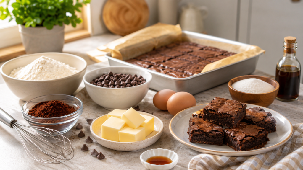 Quick dessert baking setup with flour, eggs, cocoa powder, chocolate chips, butter, sugar, vanilla, and brownies in a bright kitchen.