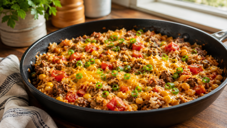 Budget ground beef and rice skillet with tomatoes, corn, melted cheese, and green onions in a pan.