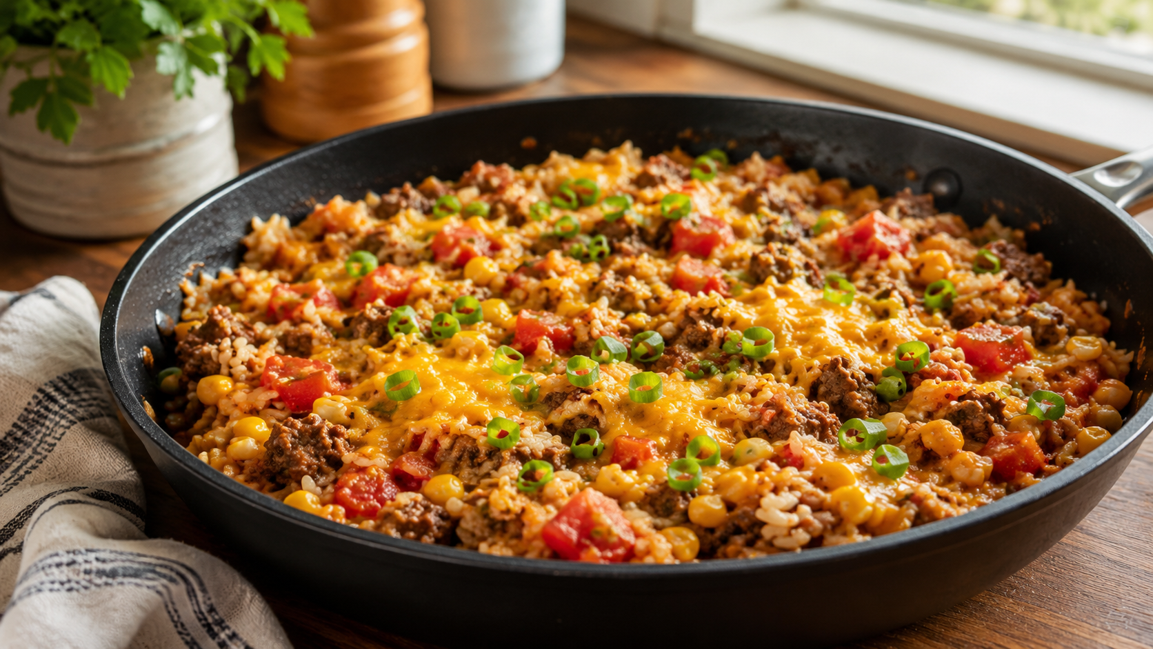 Budget ground beef and rice skillet with tomatoes, corn, melted cheese, and green onions in a pan.