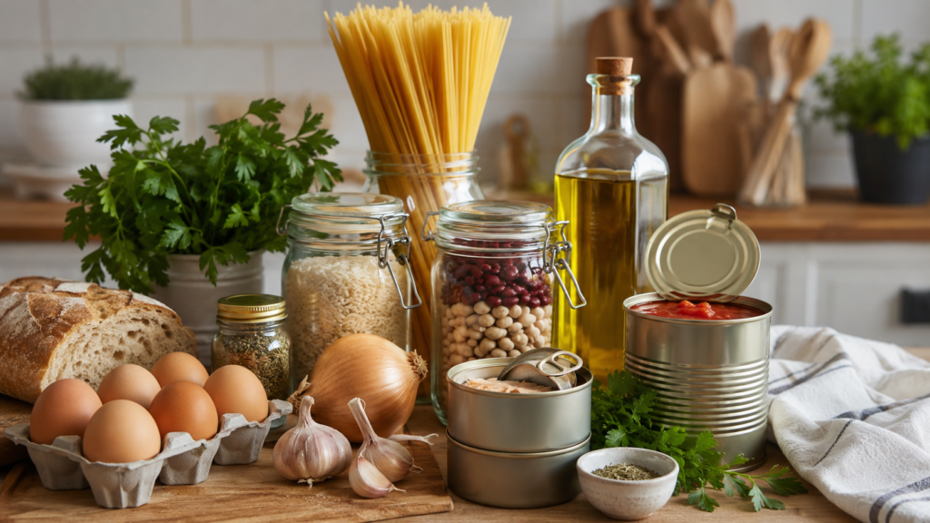 Budget pantry ingredients on a kitchen counter with pasta, rice, beans, canned tuna, canned tomatoes, bread, eggs, onions, garlic, and olive oil.