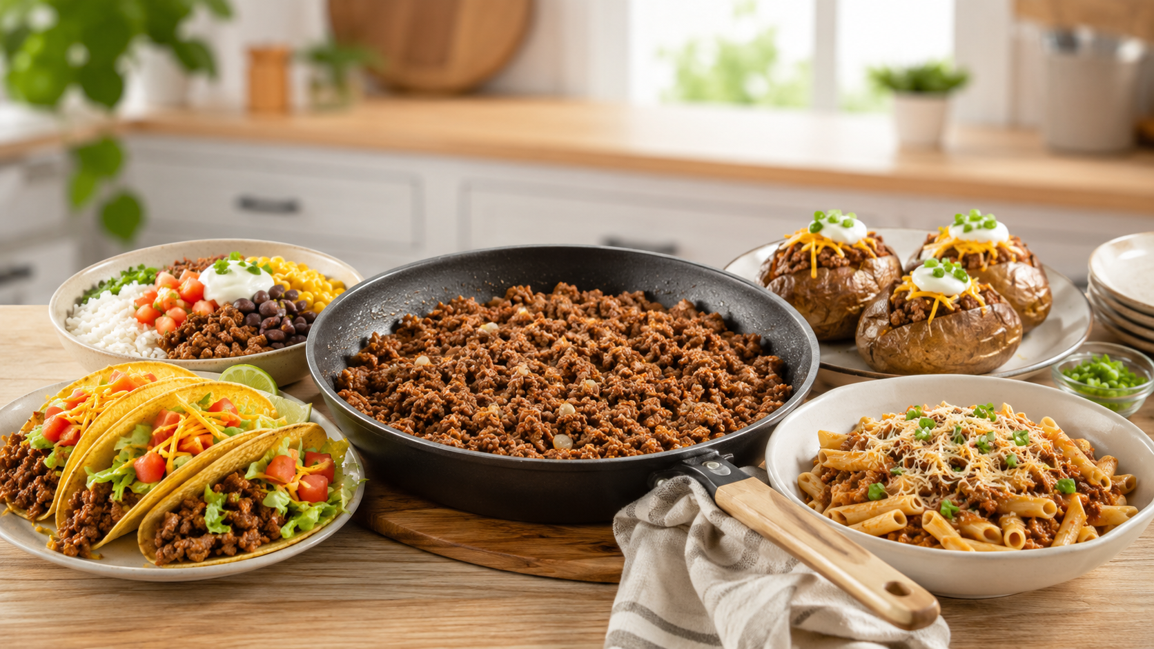 Beginner ground beef recipes with tacos, rice bowls, pasta, and an easy skillet dinner.