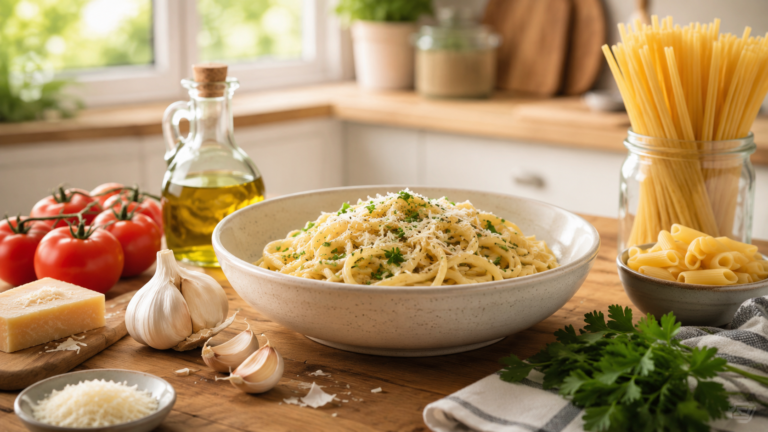 Easy pasta recipes for beginners with simple ingredients on a kitchen counter.