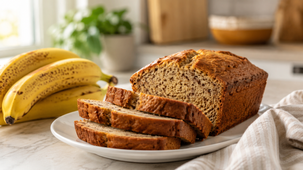 Easy banana bread loaf sliced on a plate with ripe bananas nearby.