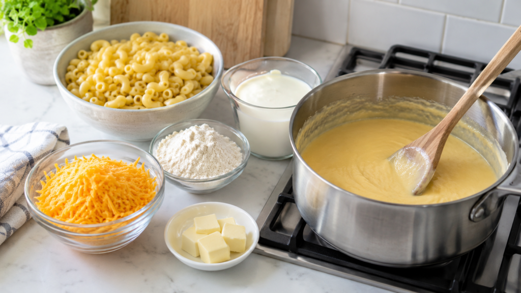 Ingredients and sauce steps for easy mac and cheese for beginners.