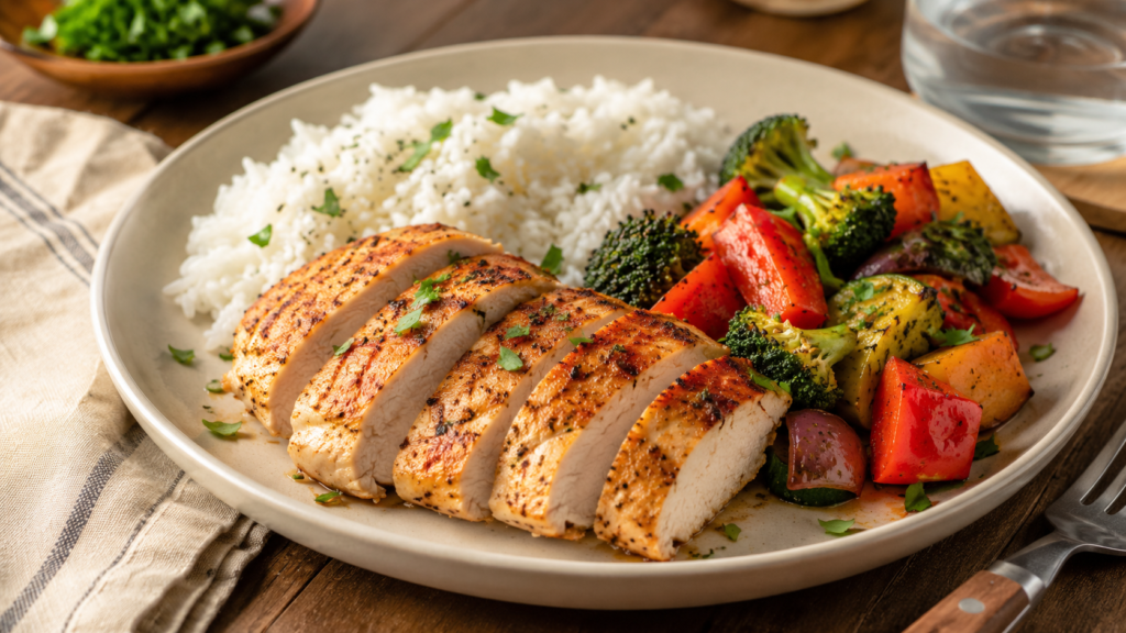 Easy chicken breast dinner ideas served with vegetables and rice