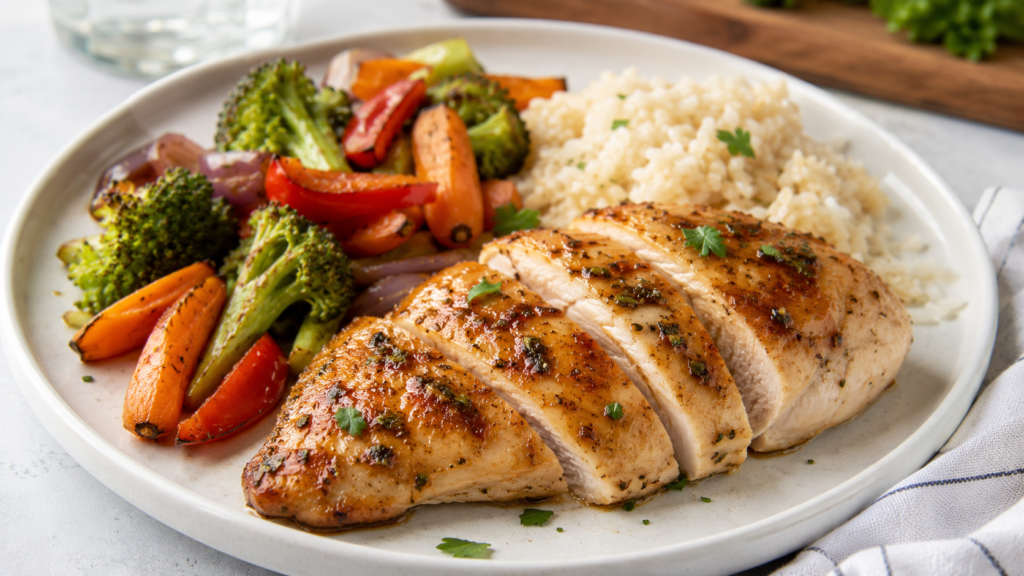 Juicy baked chicken breast dinner with simple side dishes