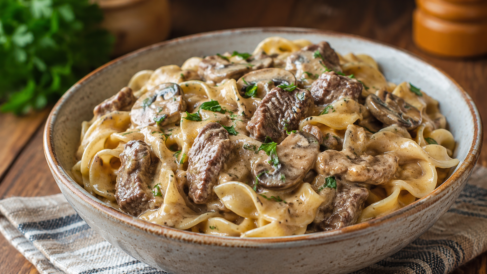 Simple beef stroganoff for beginners with creamy sauce and egg noodles in a bowl