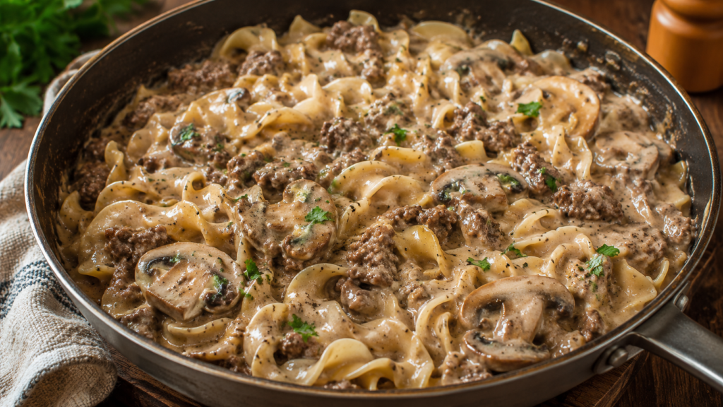 Skillet of easy beef stroganoff with ground beef, mushrooms, creamy sauce, and egg noodles