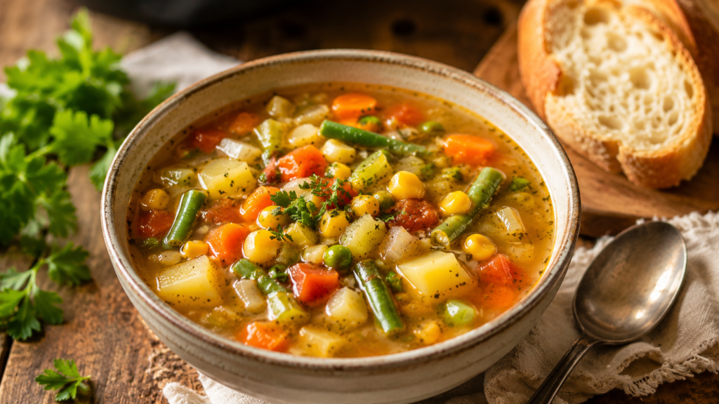 Easy vegetable soup for beginners in a bowl with carrots potatoes tomatoes and green vegetables