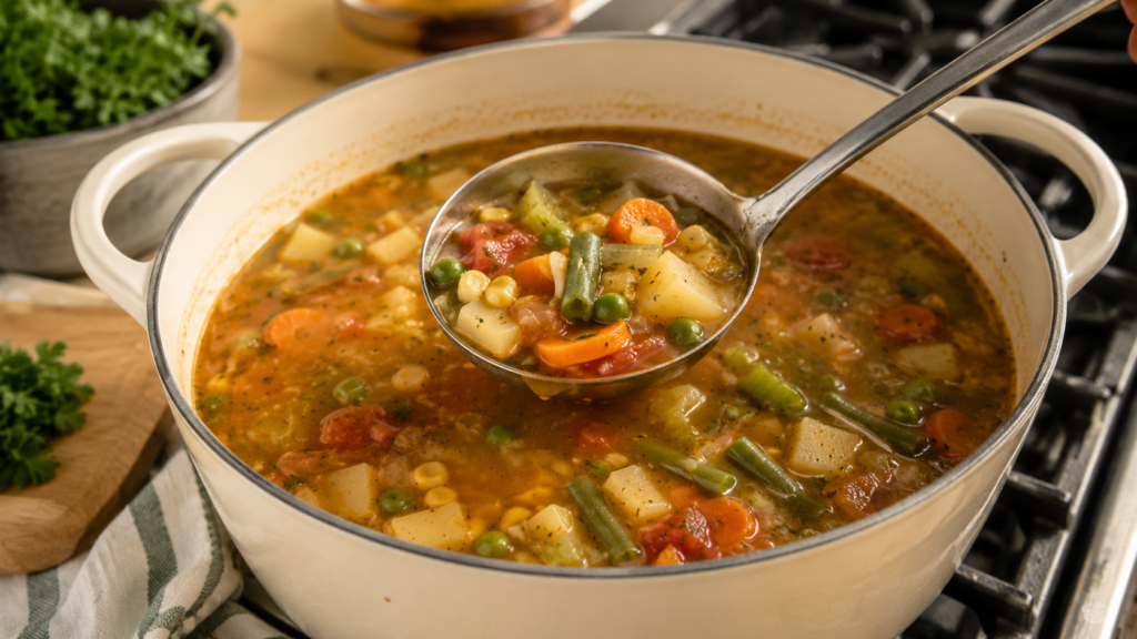 Pot of homemade vegetable soup with potatoes carrots celery tomatoes and mixed vegetables