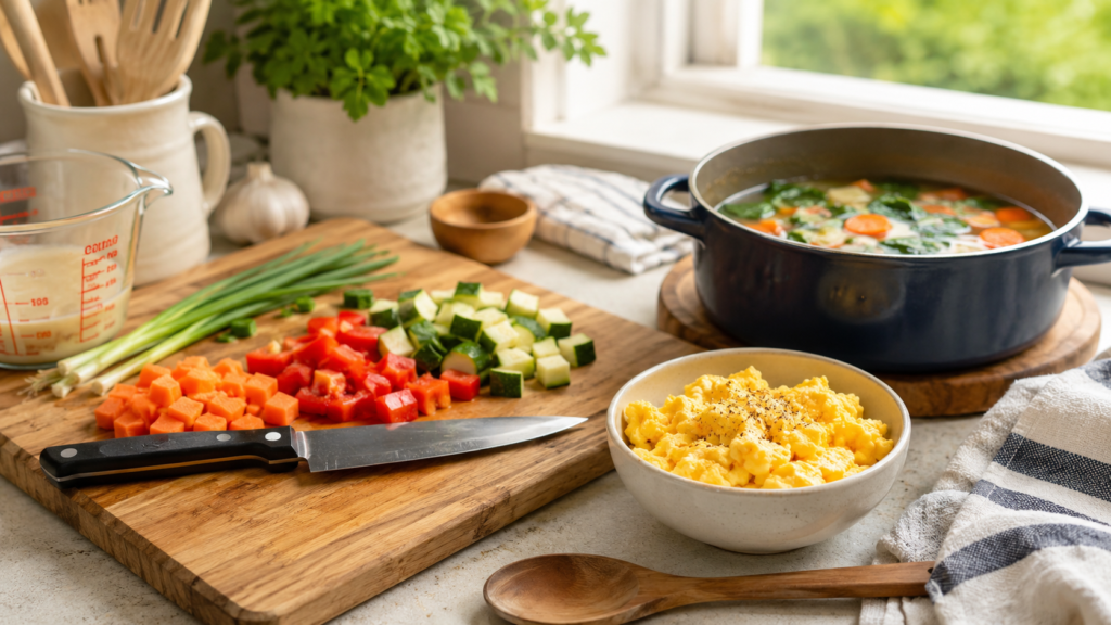 Small kitchen projects that teach big cooking skills with vegetables eggs soup and beginner cooking tools
