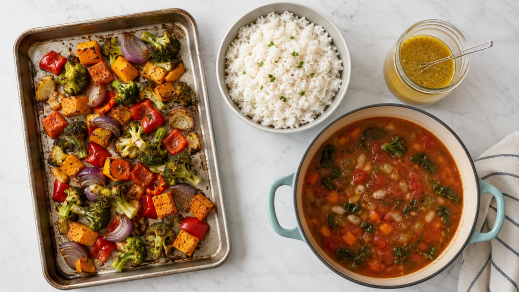 Beginner cooking projects with roasted vegetables rice soup and salad dressing