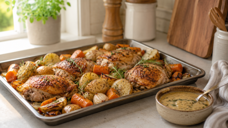 Simple chicken thigh dinner with roasted potatoes, carrots, garlic, and herbs on a warm kitchen counter.