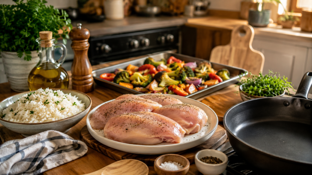 Easy dinner prep scene with chicken, rice, roasted vegetables, herbs, olive oil, and a skillet in a warm home kitchen.