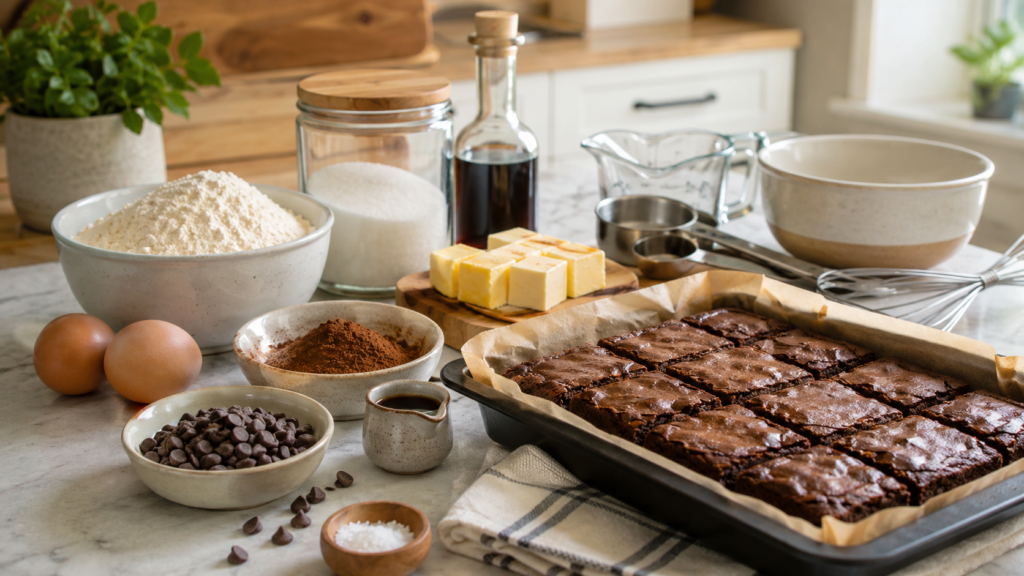 Easy no-bake peanut butter bars with chocolate topping on a warm kitchen counter.