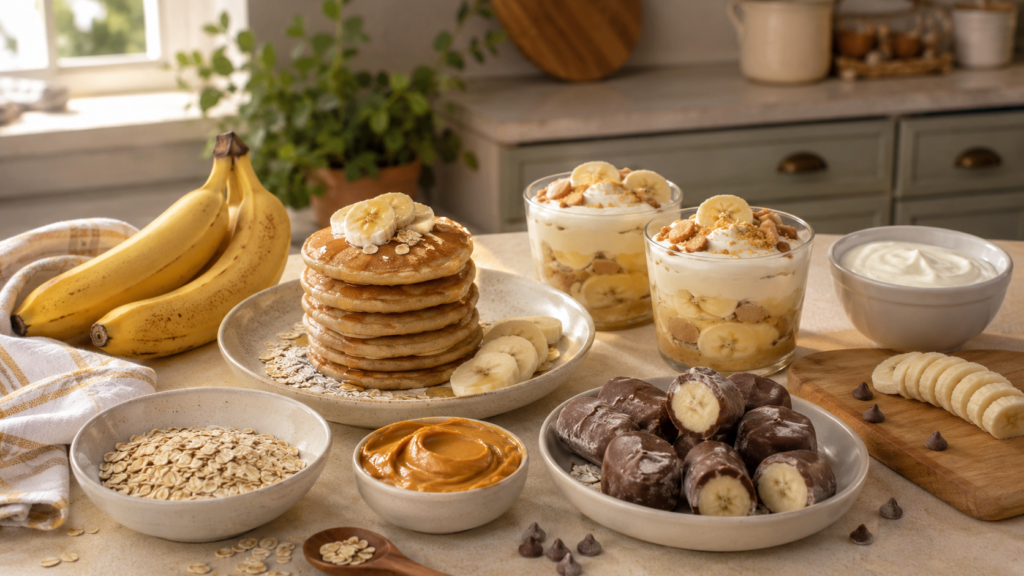 Easy banana recipes besides banana bread with pancakes, pudding cups, frozen banana bites, oats, peanut butter, and sliced bananas.