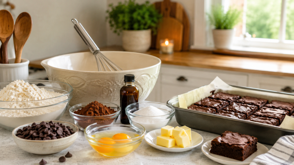 Quick dessert baking setup with flour, eggs, cocoa powder, chocolate chips, butter, sugar, vanilla, and brownies in a bright kitchen.
