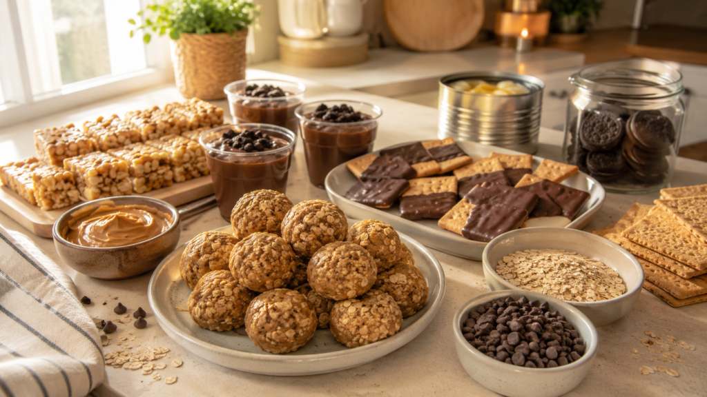 Quick desserts with pantry ingredients including peanut butter oat bites, pudding cups, cereal bars, chocolate chips, oats, and graham crackers.