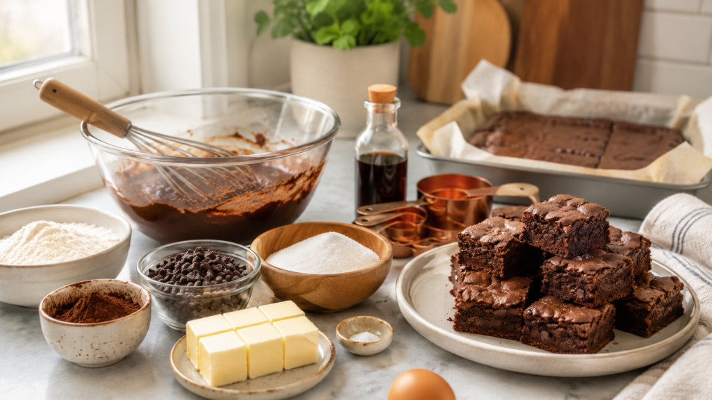 Quick dessert baking setup with cocoa powder, chocolate chips, butter, sugar, vanilla, and simple baking ingredients in a bright kitchen.