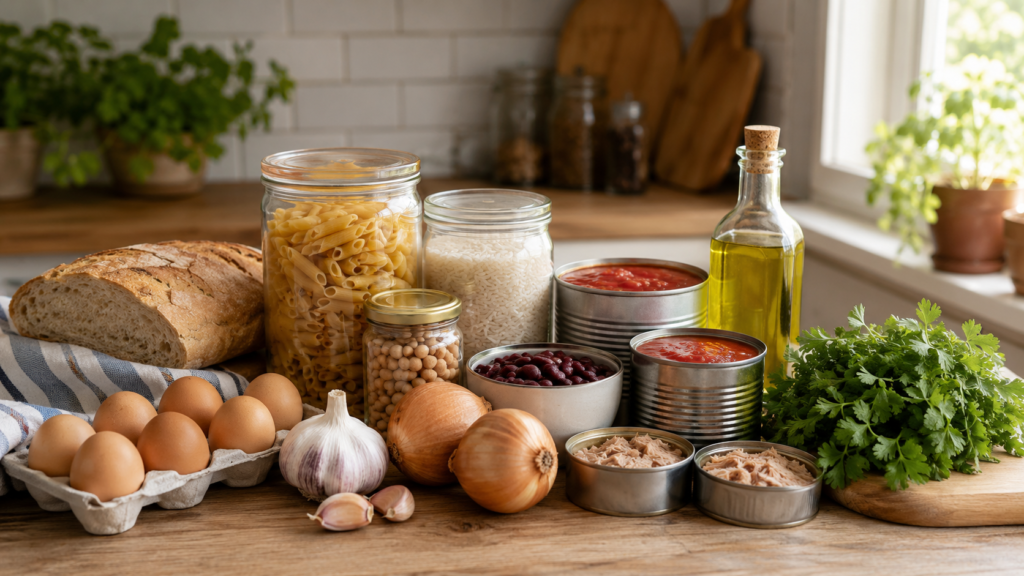 Budget pantry ingredients on a kitchen counter with pasta, rice, beans, canned tuna, canned tomatoes, bread, eggs, onions, garlic, and olive oil.