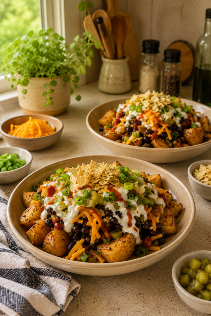Crispy potato bowls with black beans, cheese, pickles, ranch, hot sauce, green onions, and crushed chips.