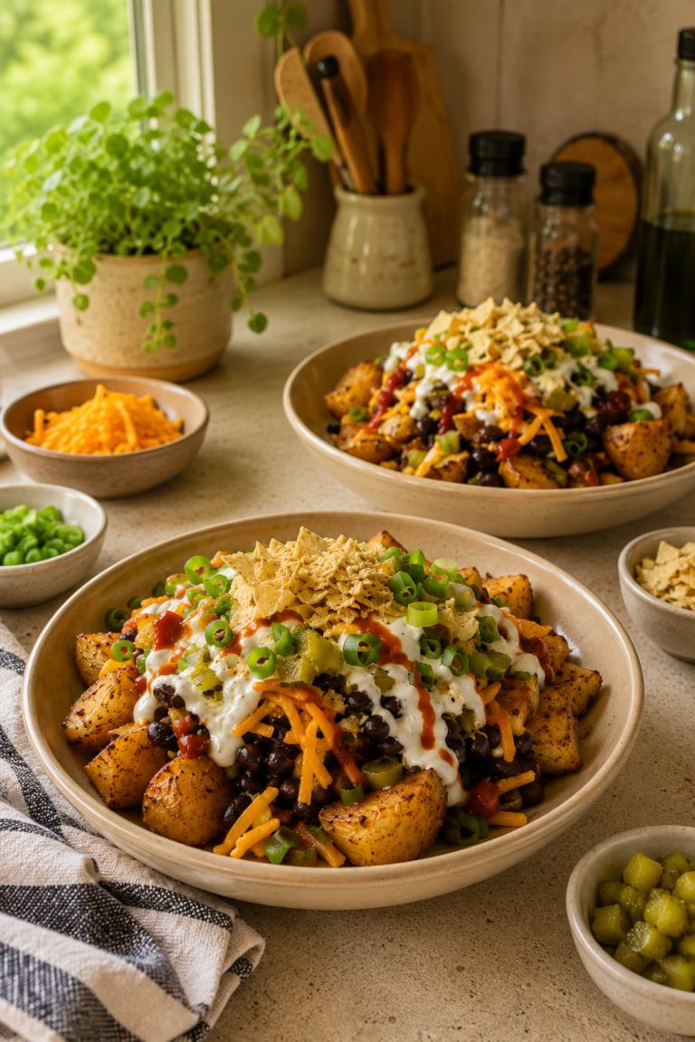 Crispy potato bowls with black beans, cheese, pickles, ranch, hot sauce, green onions, and crushed chips.