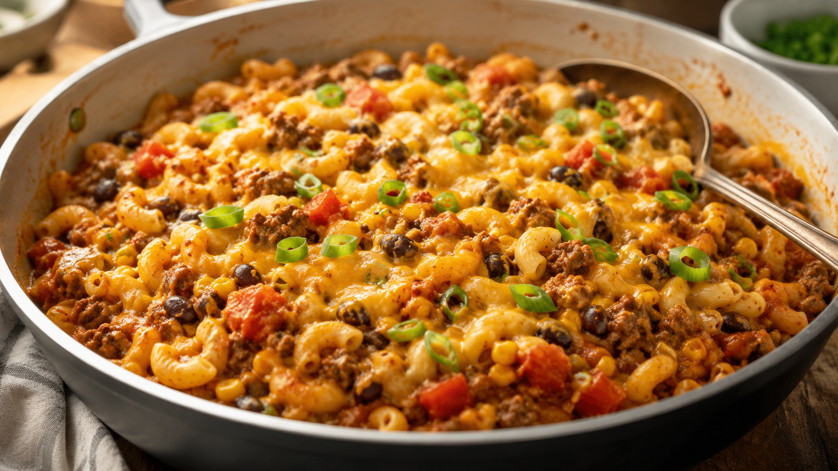 Ingredients for lazy taco pasta including pasta, ground beef, taco seasoning, salsa, cheese, corn, and black beans.