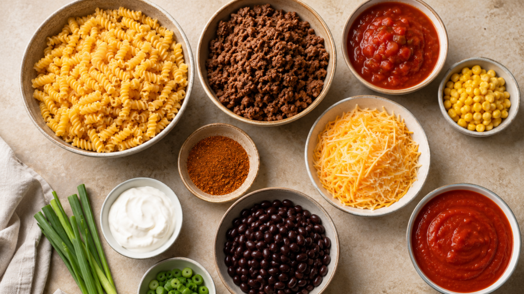 Skillet of cheesy lazy taco pasta with ground beef, salsa, corn, black beans, and green onions.