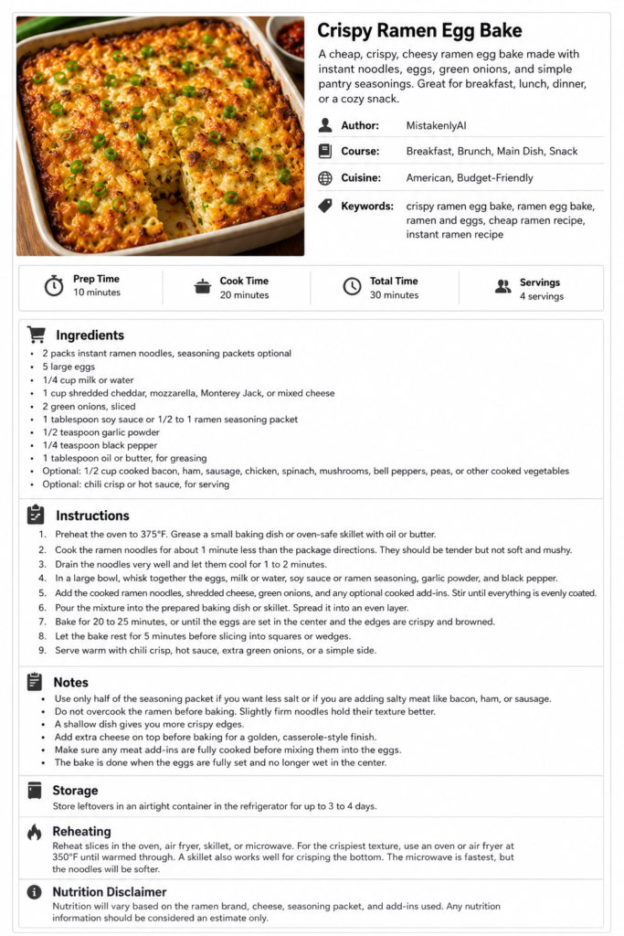 Crispy ramen egg bake with golden noodles, melted cheese, green onions, and browned edges in a baking dish.