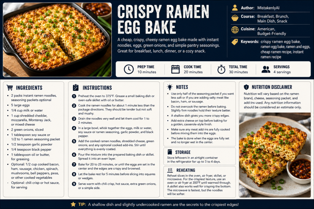 Square slice of crispy ramen egg bake showing ramen noodles, egg, cheese, and green onions.