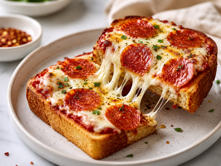 Air Fryer Pizza Toast with melted mozzarella, pepperoni, golden bread edges, and fresh herbs on a plate.