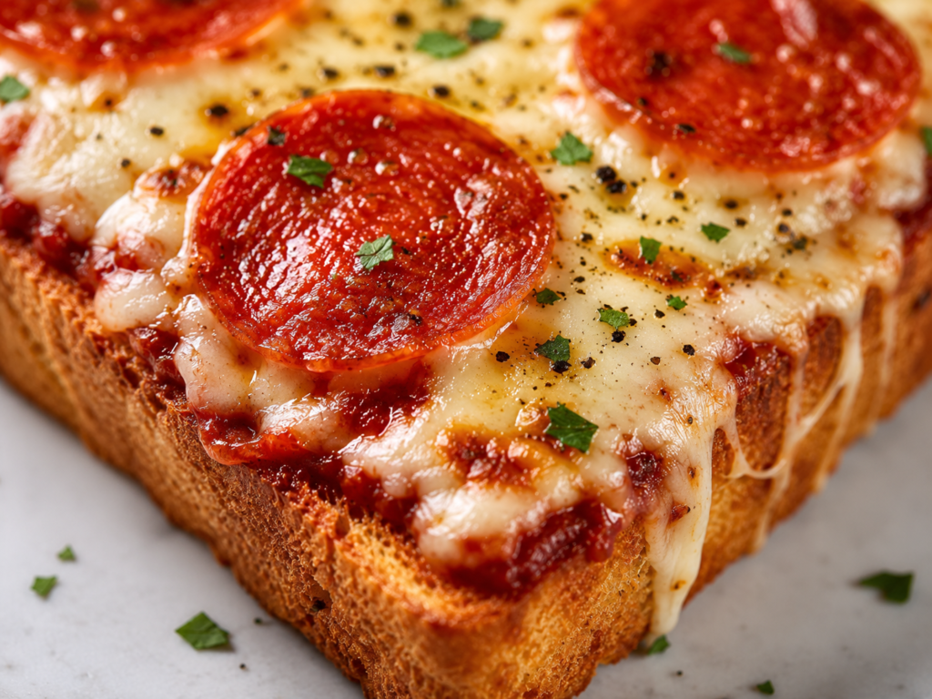 Close-up of crispy pizza toast with bubbly cheese, pepperoni, pizza sauce, and browned toast edges.