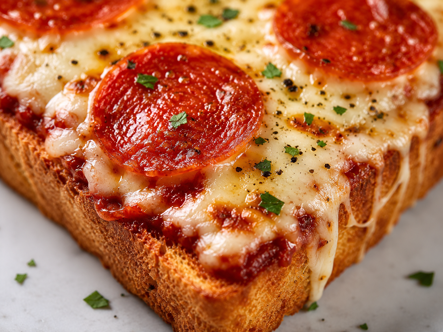 Close-up of crispy pizza toast with bubbly cheese, pepperoni, pizza sauce, and browned toast edges.