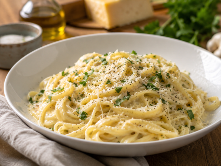 Creamy Garlic Butter Noodles in a bowl with glossy garlic cream sauce, Parmesan, parsley, and black pepper.