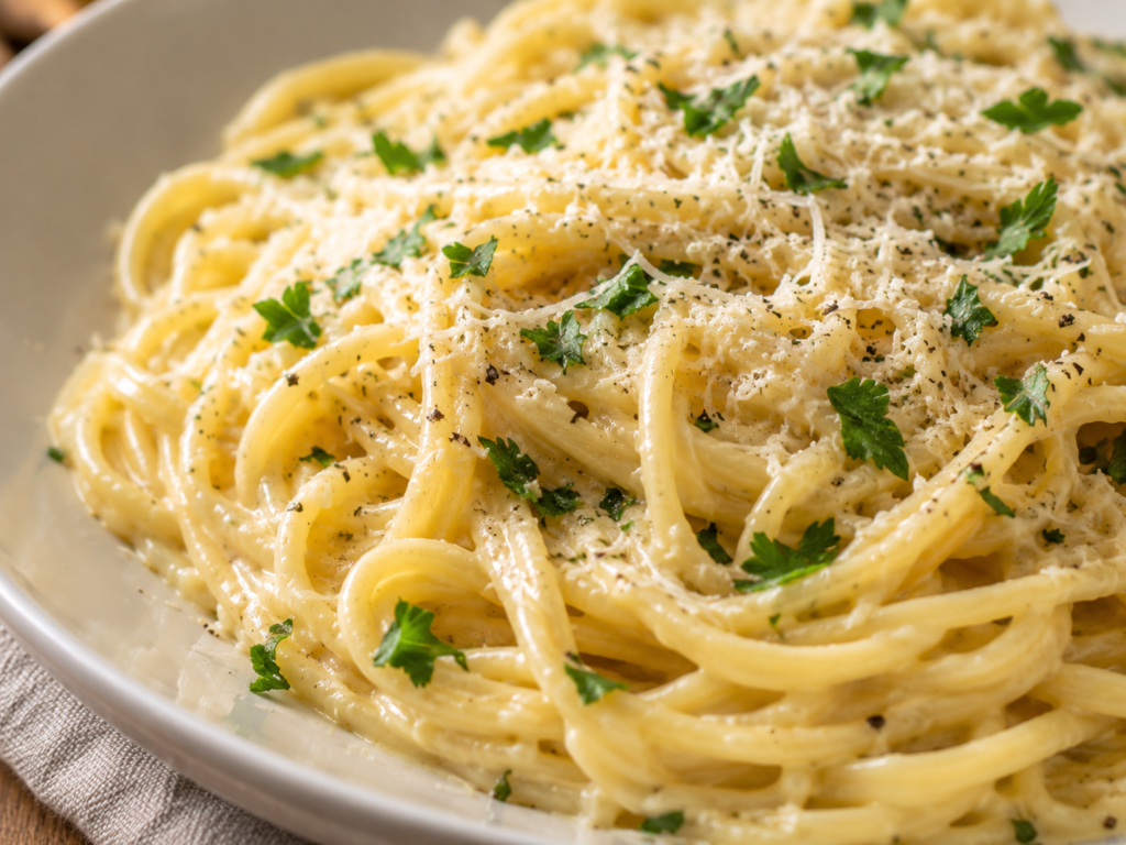 Close-up of creamy garlic noodles coated in garlic butter Parmesan sauce with parsley and black pepper.