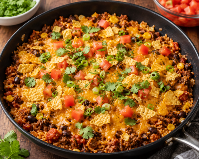 Crispy taco rice skillet with seasoned beef, rice, melted cheese, tortilla chips, cilantro, and taco toppings in a skillet.