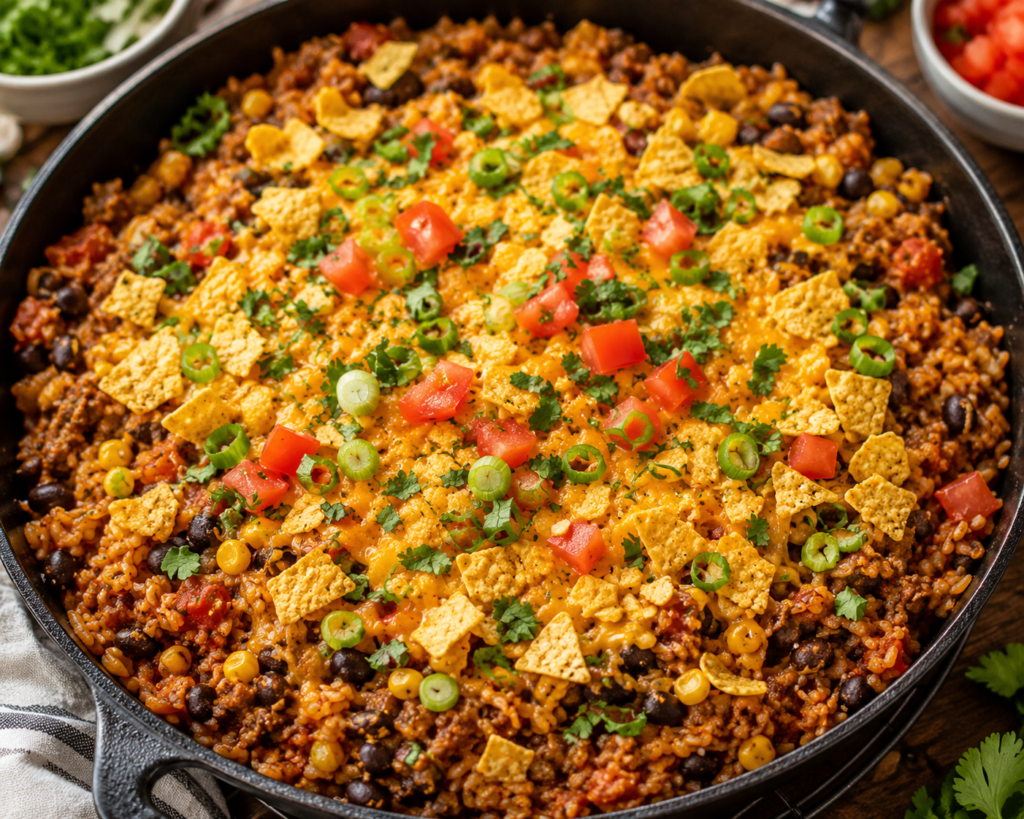 Taco rice skillet in a pan topped with cheese, crushed tortilla chips, green onions, cilantro, and diced tomatoes.