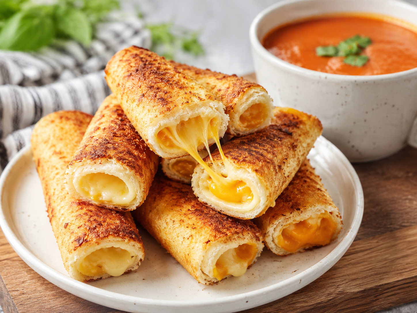 Air fryer grilled cheese roll ups stacked on a plate with melted cheese and tomato soup for dipping.