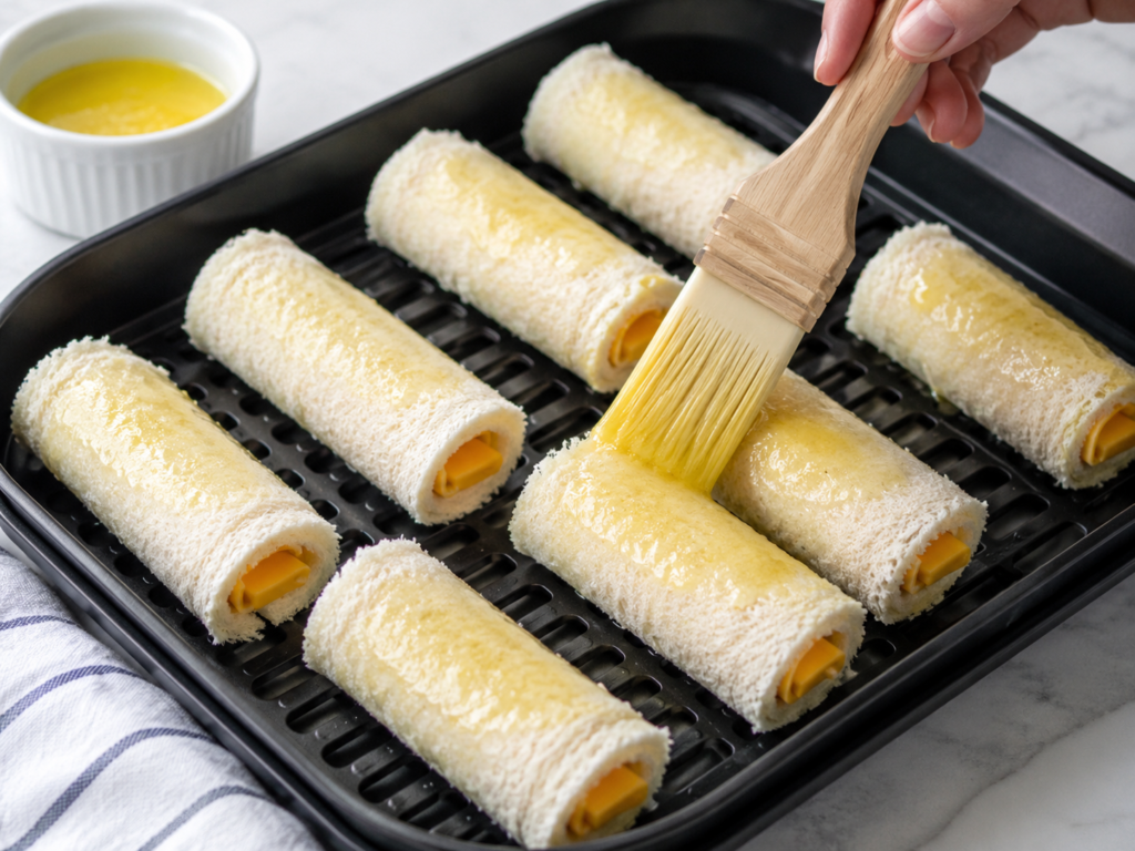 Flattened bread slices rolled with cheese and brushed with butter before air frying.