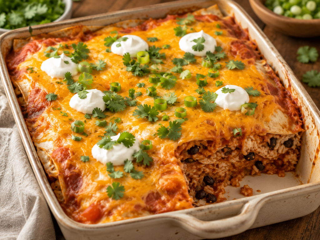 Cheesy bean and rice burrito bake in a baking dish topped with melted cheese, green onions, cilantro, and sour cream.